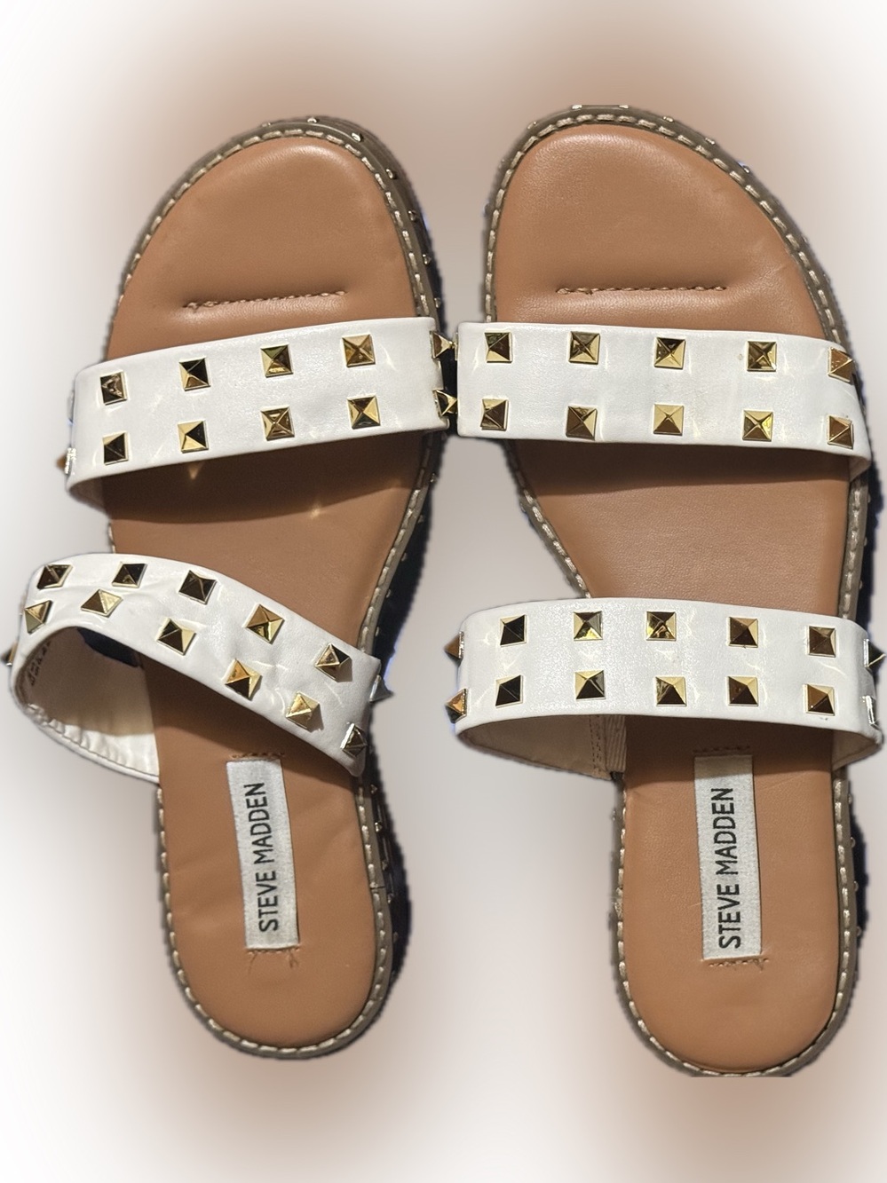 Steve Madden White Double-Strap Slide Sandals with Gold Studs